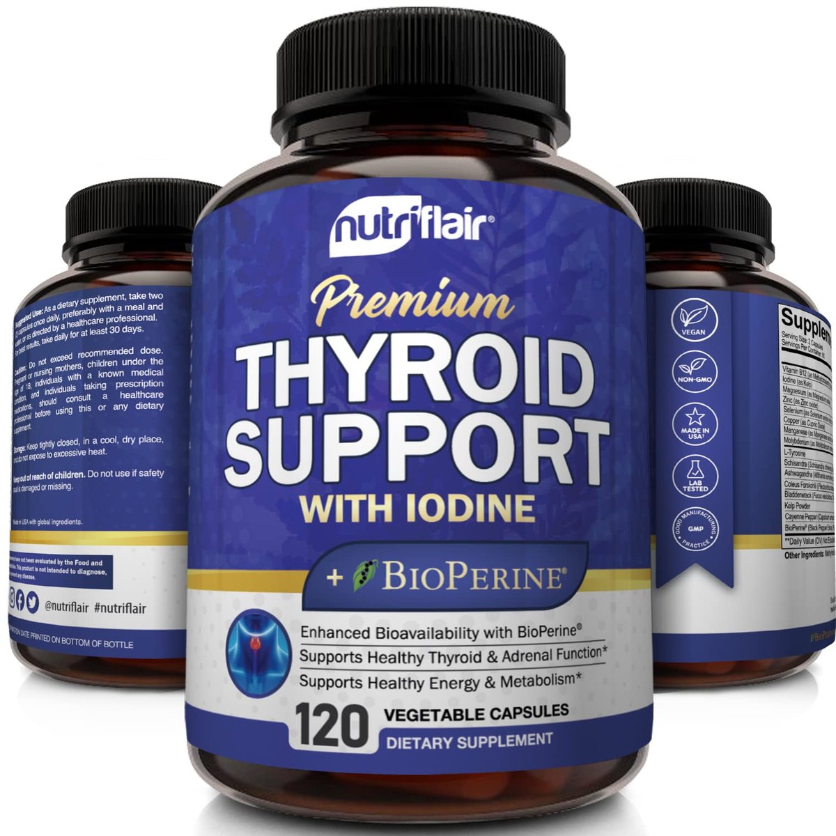 NutriFlair Thyroid Support Complex, 120 Kapseln – mit Jod, schwarzem Pfeffer, Ashwagandha, Vitamin B12 – Schilddrüsenpräparat für Frauen und Männer