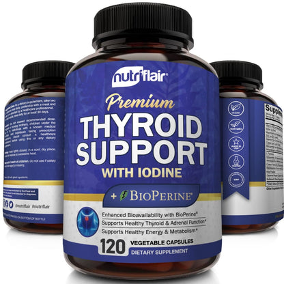 NutriFlair Thyroid Support Complex, 120 Kapseln – mit Jod, schwarzem Pfeffer, Ashwagandha, Vitamin B12 – Schilddrüsenpräparat für Frauen und Männer