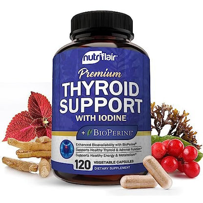 NutriFlair Thyroid Support Complex, 120 Kapseln – mit Jod, schwarzem Pfeffer, Ashwagandha, Vitamin B12 – Schilddrüsenpräparat für Frauen und Männer