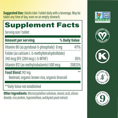 MegaFood Methyl B12 – Vegan – mit Methylfolat, Vitamin B12 & B6 – unterstützt die zelluläre Energieproduktion, die Gesundheit des Nervensystems und die Herz-Kreislauf-Funktion – 60 Tabletten