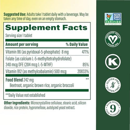 MegaFood Methyl B12 – Vegan – mit Methylfolat, Vitamin B12 & B6 – unterstützt die zelluläre Energieproduktion, die Gesundheit des Nervensystems und die Herz-Kreislauf-Funktion – 60 Tabletten