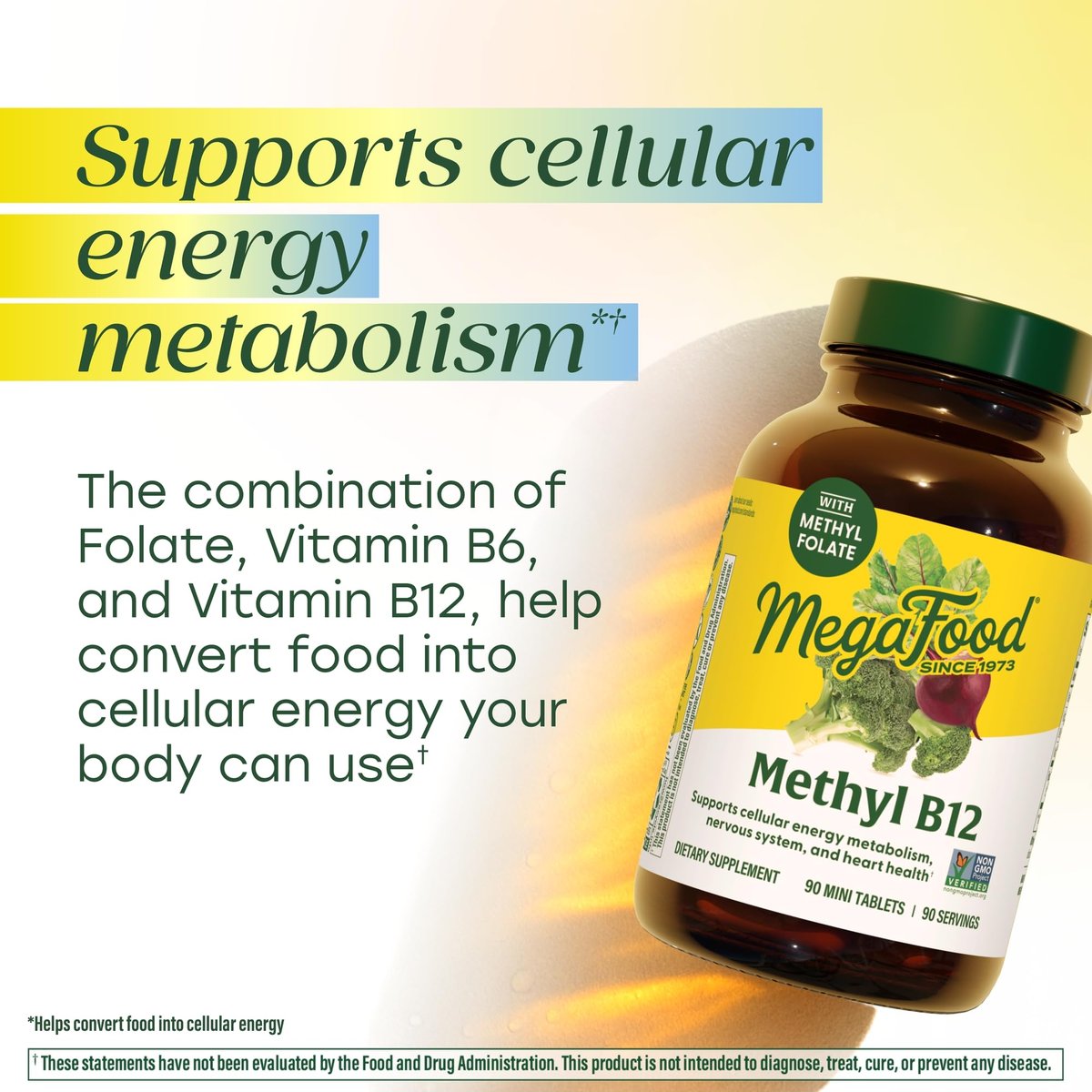 MegaFood Methyl B12 – Vegan – mit Methylfolat, Vitamin B12 & B6 – unterstützt die zelluläre Energieproduktion, die Gesundheit des Nervensystems und die Herz-Kreislauf-Funktion – 60 Tabletten