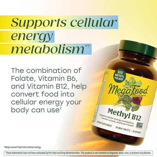 MegaFood Methyl B12 – Vegan – mit Methylfolat, Vitamin B12 & B6 – unterstützt die zelluläre Energieproduktion, die Gesundheit des Nervensystems und die Herz-Kreislauf-Funktion – 60 Tabletten
