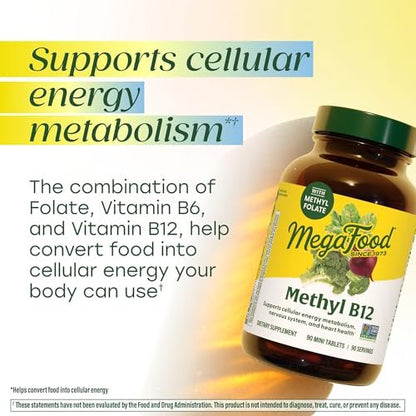 MegaFood Methyl B12 – Vegan – mit Methylfolat, Vitamin B12 & B6 – unterstützt die zelluläre Energieproduktion, die Gesundheit des Nervensystems und die Herz-Kreislauf-Funktion – 60 Tabletten