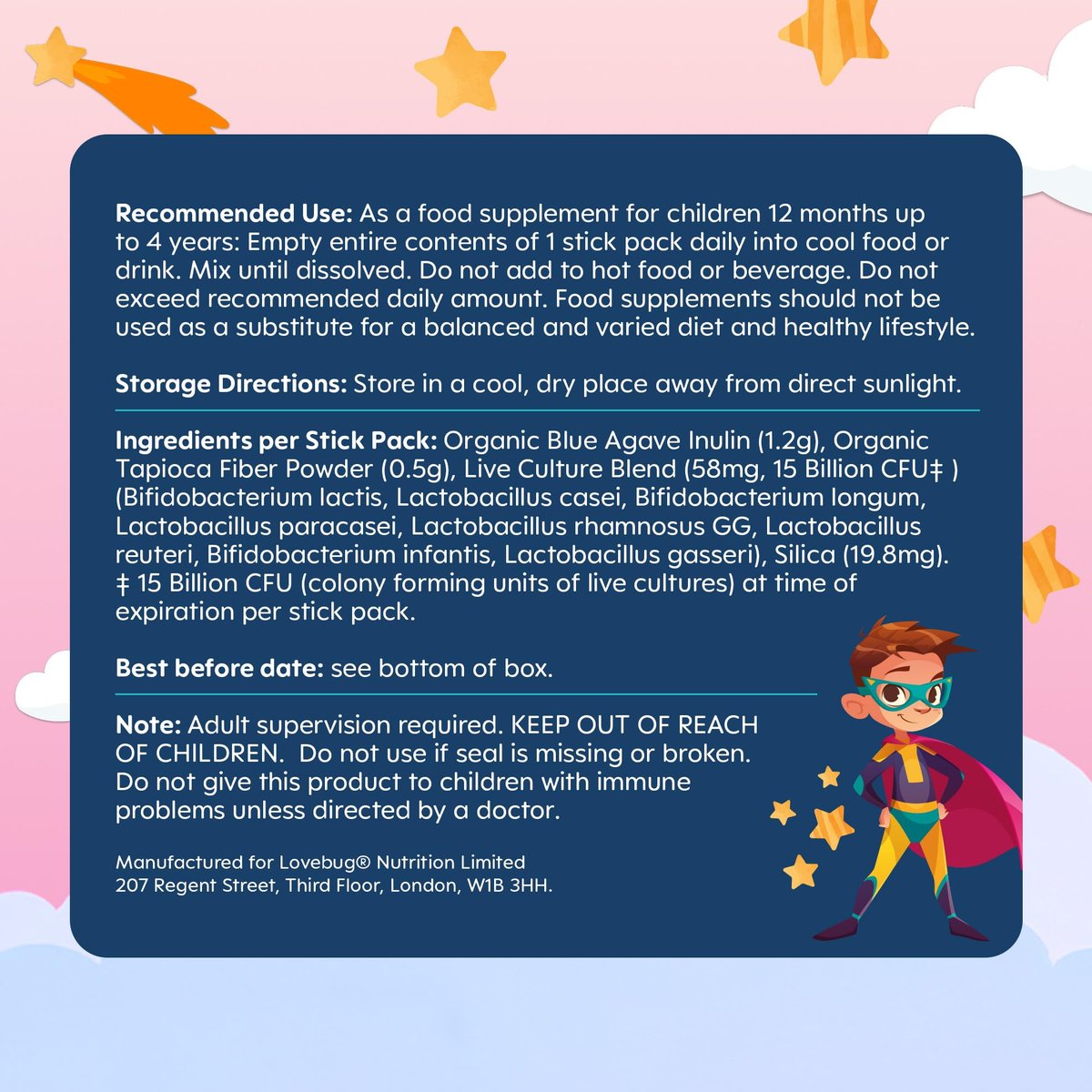 LOVEBUG Kids Probiotikum Pulver mit Präbiotischer Faser - Immununterstützung & Verstopfungslinderung für Kleinkinder - USDA Bio Probiotika für die Darm- & Verdauungsgesundheit von Kindern (Alter 1-4) - 30 Pack (Geschmacksneutral)