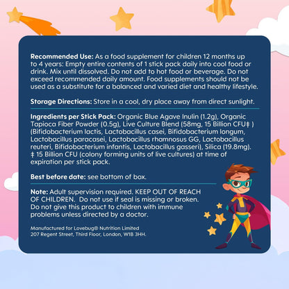LOVEBUG Kids Probiotikum Pulver mit Präbiotischer Faser - Immununterstützung & Verstopfungslinderung für Kleinkinder - USDA Bio Probiotika für die Darm- & Verdauungsgesundheit von Kindern (Alter 1-4) - 30 Pack (Geschmacksneutral)