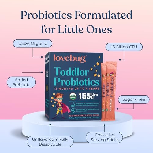 LOVEBUG Kids Probiotikum Pulver mit Präbiotischer Faser - Immununterstützung & Verstopfungslinderung für Kleinkinder - USDA Bio Probiotika für die Darm- & Verdauungsgesundheit von Kindern (Alter 1-4) - 30 Pack (Geschmacksneutral)