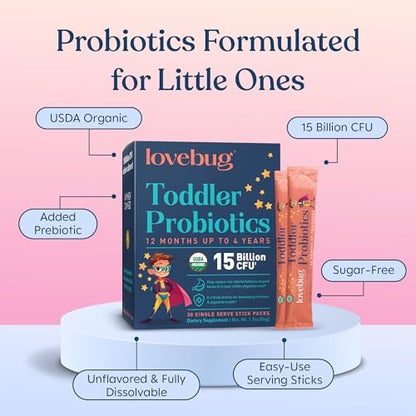 LOVEBUG Kids Probiotikum Pulver mit Präbiotischer Faser - Immununterstützung & Verstopfungslinderung für Kleinkinder - USDA Bio Probiotika für die Darm- & Verdauungsgesundheit von Kindern (Alter 1-4) - 30 Pack (Geschmacksneutral)