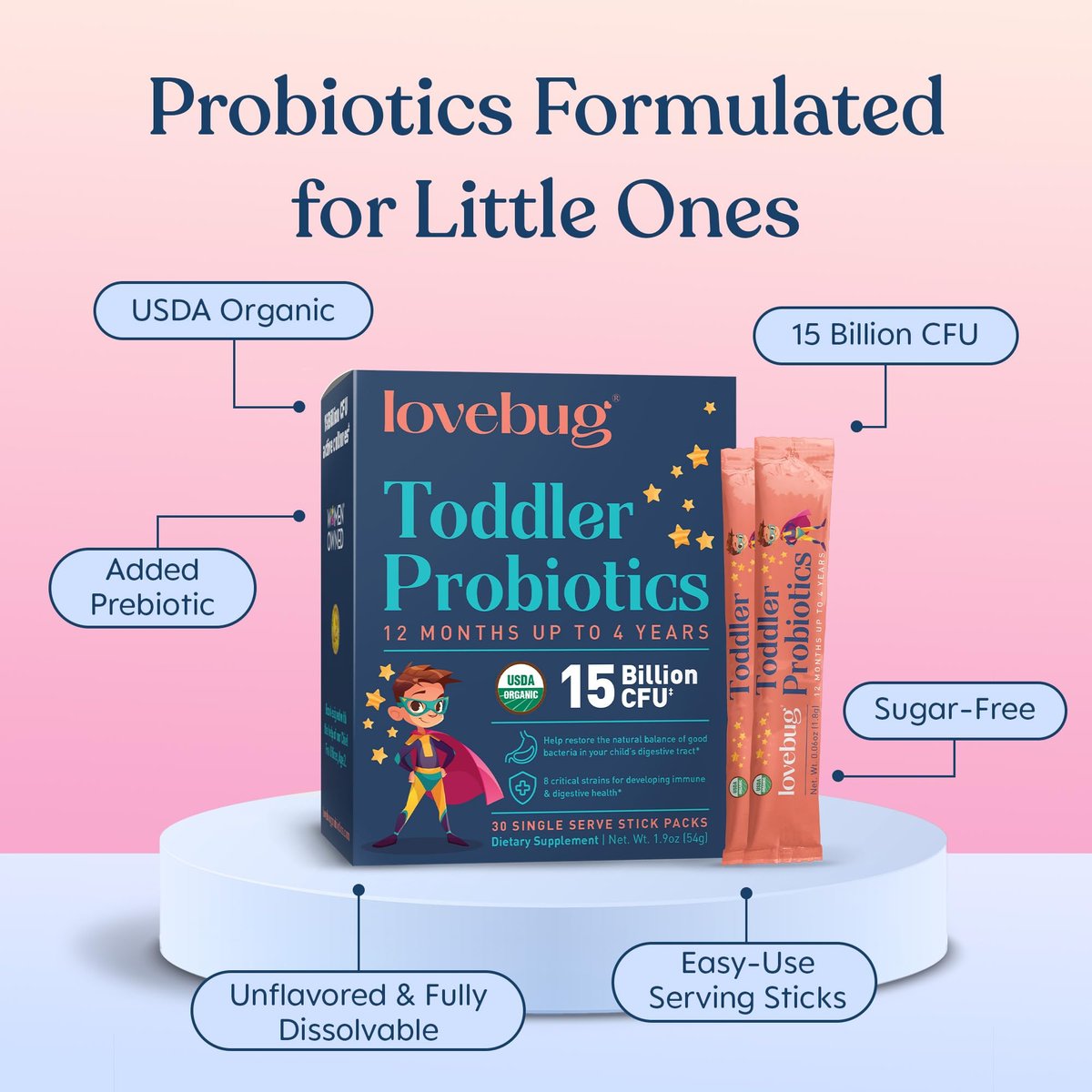 LOVEBUG Kids Probiotikum Pulver mit Präbiotischer Faser - Immununterstützung & Verstopfungslinderung für Kleinkinder - USDA Bio Probiotika für die Darm- & Verdauungsgesundheit von Kindern (Alter 1-4) - 30 Pack (Geschmacksneutral)