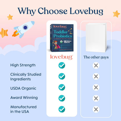 LOVEBUG Kids Probiotikum Pulver mit Präbiotischer Faser - Immununterstützung & Verstopfungslinderung für Kleinkinder - USDA Bio Probiotika für die Darm- & Verdauungsgesundheit von Kindern (Alter 1-4) - 30 Pack (Geschmacksneutral)