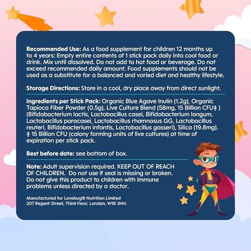 LOVEBUG Kids Probiotikum Pulver mit Präbiotischer Faser - Immununterstützung & Verstopfungslinderung für Kleinkinder - USDA Bio Probiotika für die Darm- & Verdauungsgesundheit von Kindern (Alter 1-4) - 30 Pack (Geschmacksneutral)