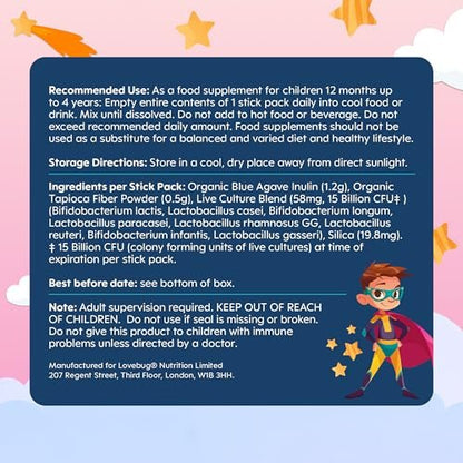 LOVEBUG Kids Probiotikum Pulver mit Präbiotischer Faser - Immununterstützung & Verstopfungslinderung für Kleinkinder - USDA Bio Probiotika für die Darm- & Verdauungsgesundheit von Kindern (Alter 1-4) - 30 Pack (Geschmacksneutral)