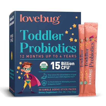 LOVEBUG Kids Probiotikum Pulver mit Präbiotischer Faser - Immununterstützung & Verstopfungslinderung für Kleinkinder - USDA Bio Probiotika für die Darm- & Verdauungsgesundheit von Kindern (Alter 1-4) - 30 Pack (Geschmacksneutral)