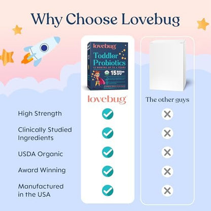 LOVEBUG Kids Probiotikum Pulver mit Präbiotischer Faser - Immununterstützung & Verstopfungslinderung für Kleinkinder - USDA Bio Probiotika für die Darm- & Verdauungsgesundheit von Kindern (Alter 1-4) - 30 Pack (Geschmacksneutral)