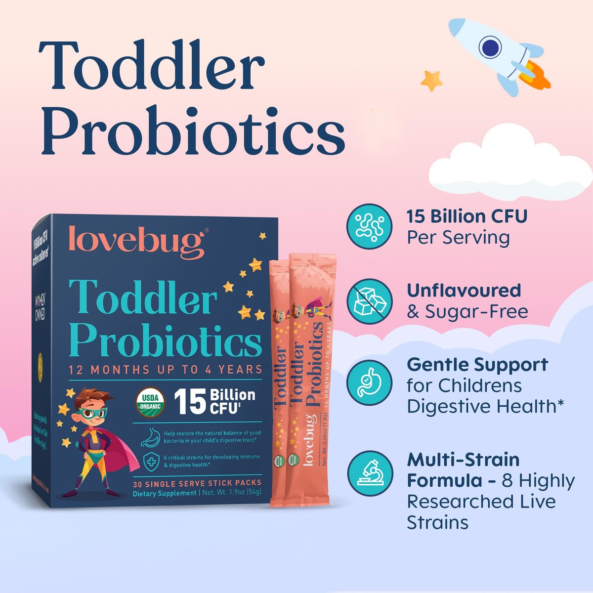 LOVEBUG Kids Probiotikum Pulver mit Präbiotischer Faser - Immununterstützung & Verstopfungslinderung für Kleinkinder - USDA Bio Probiotika für die Darm- & Verdauungsgesundheit von Kindern (Alter 1-4) - 30 Pack (Geschmacksneutral)