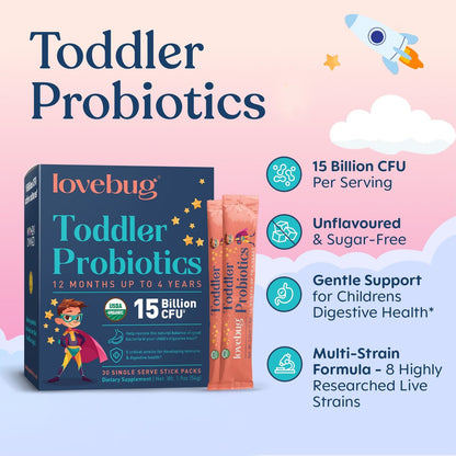 LOVEBUG Kids Probiotikum Pulver mit Präbiotischer Faser - Immununterstützung & Verstopfungslinderung für Kleinkinder - USDA Bio Probiotika für die Darm- & Verdauungsgesundheit von Kindern (Alter 1-4) - 30 Pack (Geschmacksneutral)