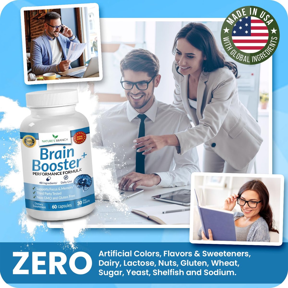 40-in-1 Brain Booster Nahrungsergänzungsmittel für Fokus, Gedächtnis, Klarheit, Energie | Fortschrittliche Vitamine plus eBook | für Männer & Frauen, Kognitive Funktion Nootropikum mit DMAE, Geist-Gesundheitsformel | 60 Kapseln