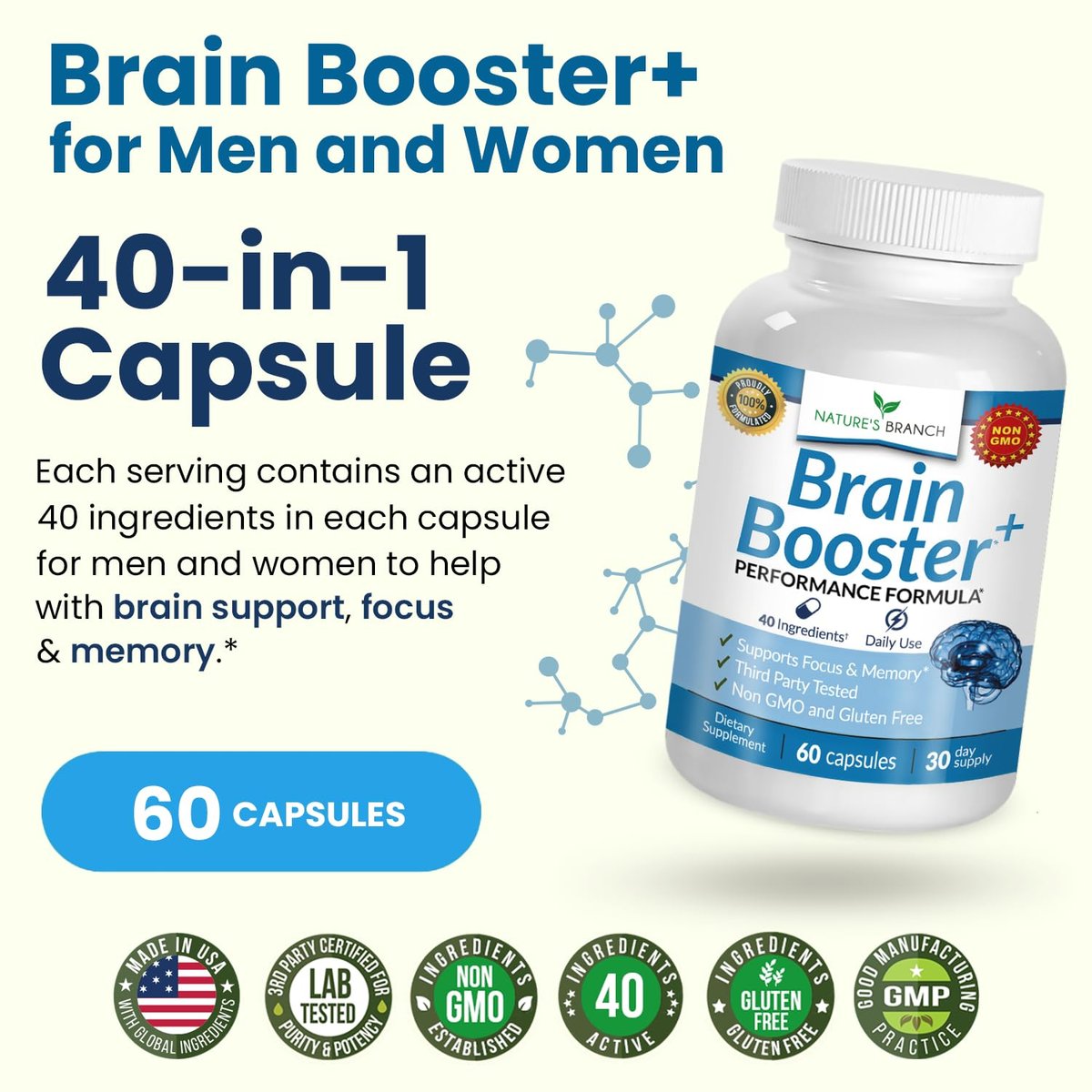 40-in-1 Brain Booster Nahrungsergänzungsmittel für Fokus, Gedächtnis, Klarheit, Energie | Fortschrittliche Vitamine plus eBook | für Männer & Frauen, Kognitive Funktion Nootropikum mit DMAE, Geist-Gesundheitsformel | 60 Kapseln