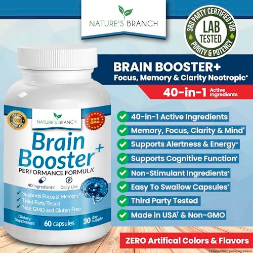 40-in-1 Brain Booster Nahrungsergänzungsmittel für Fokus, Gedächtnis, Klarheit, Energie | Fortschrittliche Vitamine plus eBook | für Männer & Frauen, Kognitive Funktion Nootropikum mit DMAE, Geist-Gesundheitsformel | 60 Kapseln