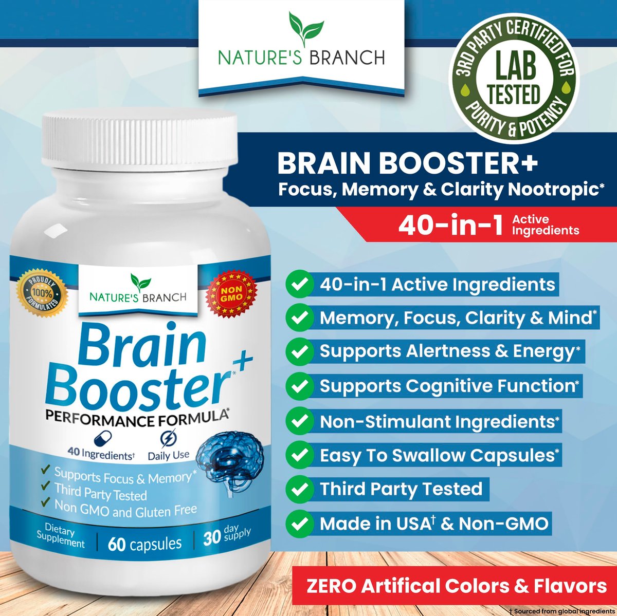 40-in-1 Brain Booster Nahrungsergänzungsmittel für Fokus, Gedächtnis, Klarheit, Energie | Fortschrittliche Vitamine plus eBook | für Männer & Frauen, Kognitive Funktion Nootropikum mit DMAE, Geist-Gesundheitsformel | 60 Kapseln