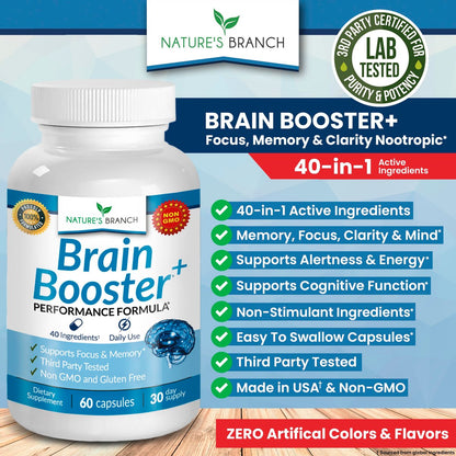 40-in-1 Brain Booster Nahrungsergänzungsmittel für Fokus, Gedächtnis, Klarheit, Energie | Fortschrittliche Vitamine plus eBook | für Männer & Frauen, Kognitive Funktion Nootropikum mit DMAE, Geist-Gesundheitsformel | 60 Kapseln