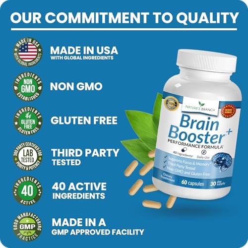 40-in-1 Brain Booster Nahrungsergänzungsmittel für Fokus, Gedächtnis, Klarheit, Energie | Fortschrittliche Vitamine plus eBook | für Männer & Frauen, Kognitive Funktion Nootropikum mit DMAE, Geist-Gesundheitsformel | 60 Kapseln