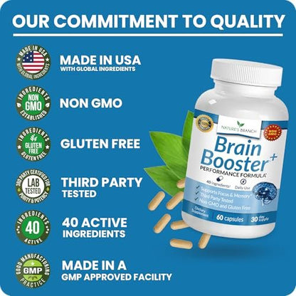 40-in-1 Brain Booster Nahrungsergänzungsmittel für Fokus, Gedächtnis, Klarheit, Energie | Fortschrittliche Vitamine plus eBook | für Männer & Frauen, Kognitive Funktion Nootropikum mit DMAE, Geist-Gesundheitsformel | 60 Kapseln