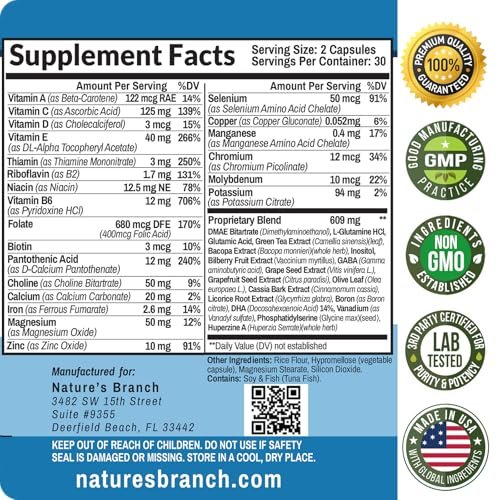 40-in-1 Brain Booster Nahrungsergänzungsmittel für Fokus, Gedächtnis, Klarheit, Energie | Fortschrittliche Vitamine plus eBook | für Männer & Frauen, Kognitive Funktion Nootropikum mit DMAE, Geist-Gesundheitsformel | 60 Kapseln