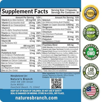 40-in-1 Brain Booster Nahrungsergänzungsmittel für Fokus, Gedächtnis, Klarheit, Energie | Fortschrittliche Vitamine plus eBook | für Männer & Frauen, Kognitive Funktion Nootropikum mit DMAE, Geist-Gesundheitsformel | 60 Kapseln