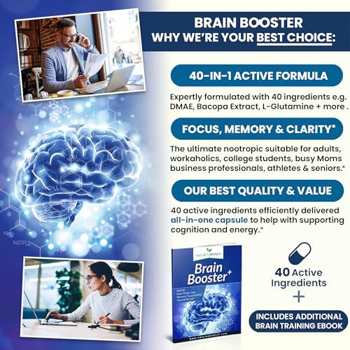40-in-1 Brain Booster Nahrungsergänzungsmittel für Fokus, Gedächtnis, Klarheit, Energie | Fortschrittliche Vitamine plus eBook | für Männer & Frauen, Kognitive Funktion Nootropikum mit DMAE, Geist-Gesundheitsformel | 60 Kapseln
