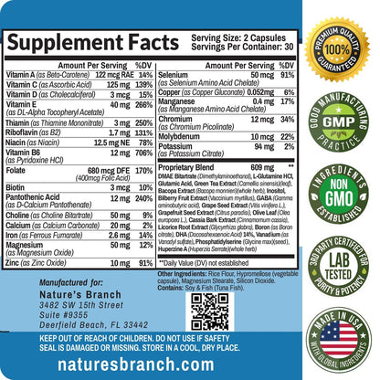 40-in-1 Brain Booster Nahrungsergänzungsmittel für Fokus, Gedächtnis, Klarheit, Energie | Fortschrittliche Vitamine plus eBook | für Männer & Frauen, Kognitive Funktion Nootropikum mit DMAE, Geist-Gesundheitsformel | 60 Kapseln