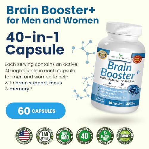 40-in-1 Brain Booster Nahrungsergänzungsmittel für Fokus, Gedächtnis, Klarheit, Energie | Fortschrittliche Vitamine plus eBook | für Männer & Frauen, Kognitive Funktion Nootropikum mit DMAE, Geist-Gesundheitsformel | 60 Kapseln