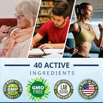 40-in-1 Brain Booster Nahrungsergänzungsmittel für Fokus, Gedächtnis, Klarheit, Energie | Fortschrittliche Vitamine plus eBook | für Männer & Frauen, Kognitive Funktion Nootropikum mit DMAE, Geist-Gesundheitsformel | 60 Kapseln