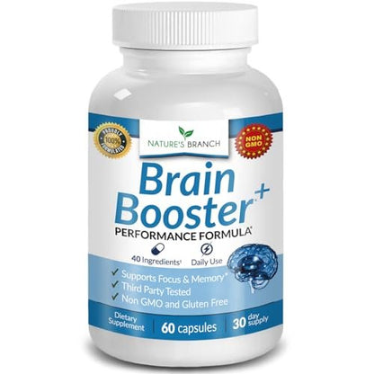 40-in-1 Brain Booster Nahrungsergänzungsmittel für Fokus, Gedächtnis, Klarheit, Energie | Fortschrittliche Vitamine plus eBook | für Männer & Frauen, Kognitive Funktion Nootropikum mit DMAE, Geist-Gesundheitsformel | 60 Kapseln