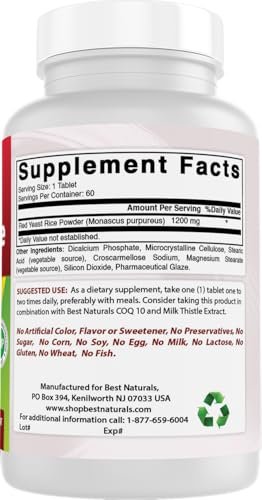 Best Naturals Rote Hefe Reis 1200 mg – 60 Tabletten (Citrinin-frei)