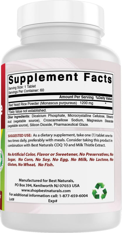 Best Naturals Rote Hefe Reis 1200 mg – 60 Tabletten (Citrinin-frei)