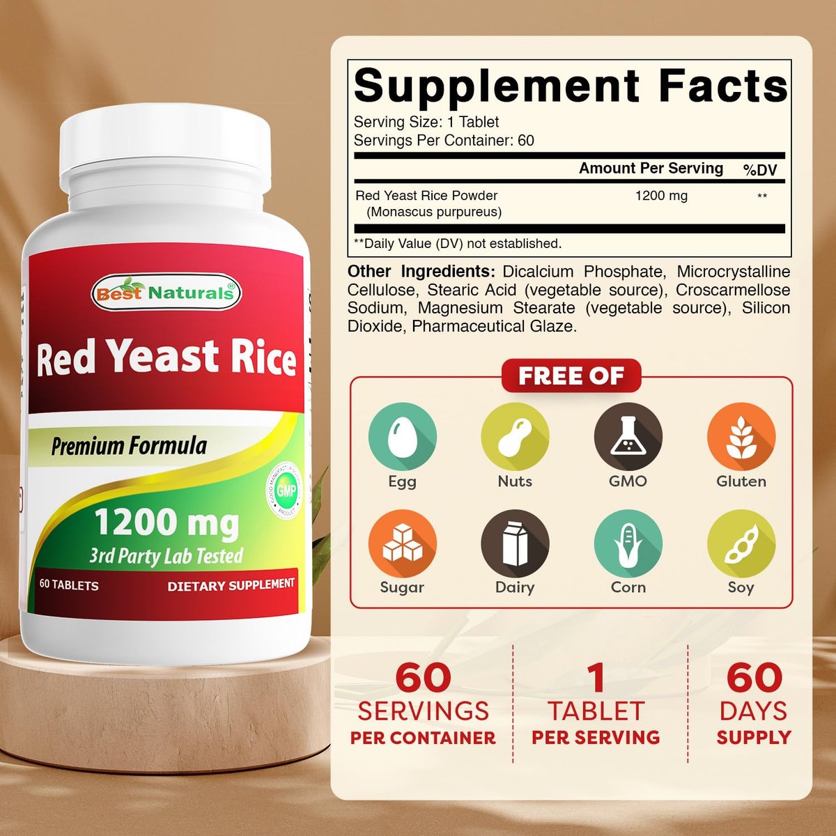 Best Naturals Rote Hefe Reis 1200 mg – 60 Tabletten (Citrinin-frei)