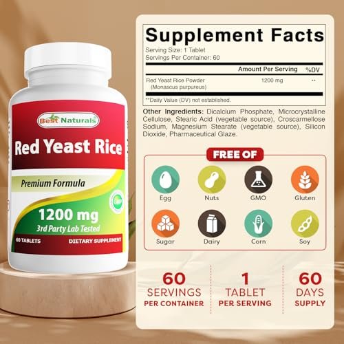 Best Naturals Rote Hefe Reis 1200 mg – 60 Tabletten (Citrinin-frei)
