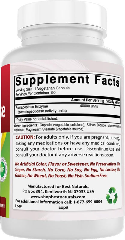 Best Naturals Serrapeptase 40.000 SPUs – 90 Kapseln, Hochdosiertes Verdauungsenzym