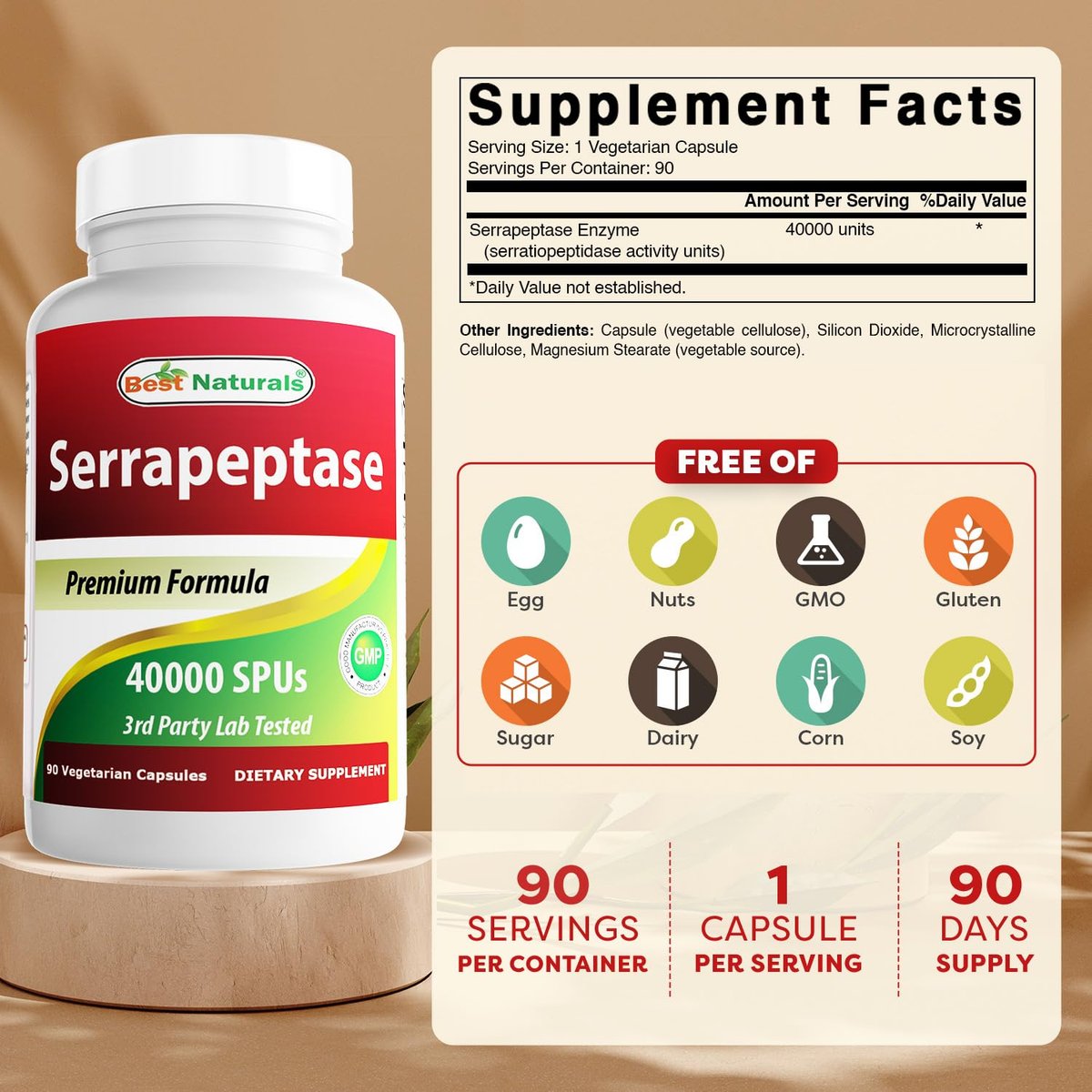 Best Naturals Serrapeptase 40.000 SPUs – 90 Kapseln, Hochdosiertes Verdauungsenzym
