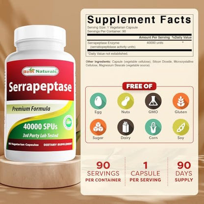 Best Naturals Serrapeptase 40.000 SPUs – 90 Kapseln, Hochdosiertes Verdauungsenzym