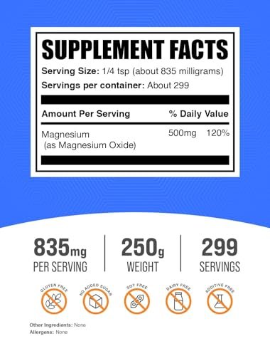 BulkSupplements.com Magnesiumoxid-Pulver - Magnesiumoxid Nahrungsergänzung, Mineralstoffpräparat - Lebensmittelqualität & glutenfrei, 835 mg pro Portion, 250 g (8,8 oz) (1er Pack)