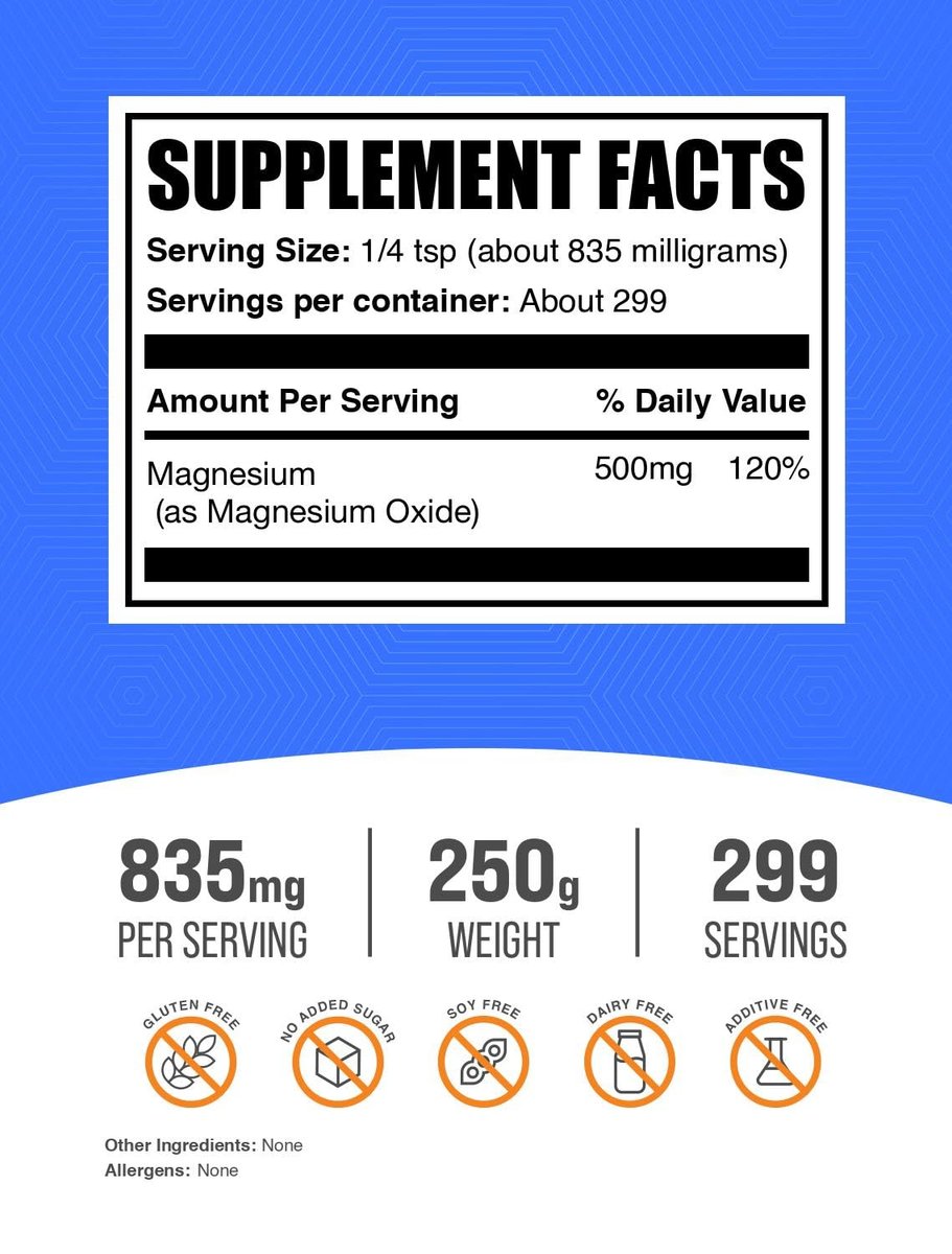 BulkSupplements.com Magnesiumoxid-Pulver - Magnesiumoxid Nahrungsergänzung, Mineralstoffpräparat - Lebensmittelqualität & glutenfrei, 835 mg pro Portion, 250 g (8,8 oz) (1er Pack)