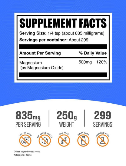 BulkSupplements.com Magnesiumoxid-Pulver - Magnesiumoxid Nahrungsergänzung, Mineralstoffpräparat - Lebensmittelqualität & glutenfrei, 835 mg pro Portion, 250 g (8,8 oz) (1er Pack)
