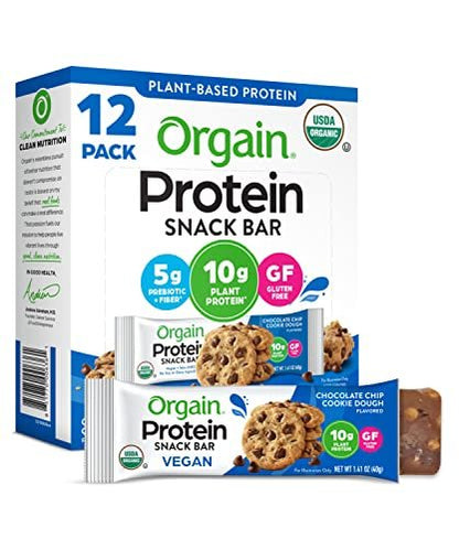 Orgain Bio Vegan Proteinriegel, Schokoladen-Chip-Cookie-Teig - 10g pflanzliches Protein, kalorienarme gesunde Snacks, laktose- und sojafrei, glutenfrei, nicht-GVO - 1,41 Unzen (12er-Pack)