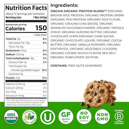 Orgain Bio Vegan Proteinriegel, Schokoladen-Chip-Cookie-Teig - 10g pflanzliches Protein, kalorienarme gesunde Snacks, laktose- und sojafrei, glutenfrei, nicht-GVO - 1,41 Unzen (12er-Pack)