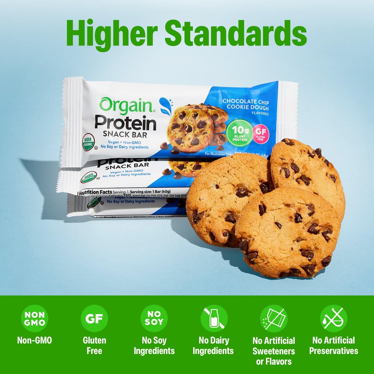 Orgain Bio Vegan Proteinriegel, Schokoladen-Chip-Cookie-Teig - 10g pflanzliches Protein, kalorienarme gesunde Snacks, laktose- und sojafrei, glutenfrei, nicht-GVO - 1,41 Unzen (12er-Pack)