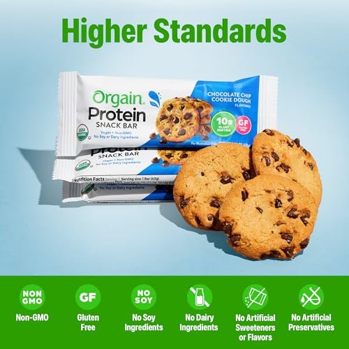 Orgain Bio Vegan Proteinriegel, Schokoladen-Chip-Cookie-Teig - 10g pflanzliches Protein, kalorienarme gesunde Snacks, laktose- und sojafrei, glutenfrei, nicht-GVO - 1,41 Unzen (12er-Pack)