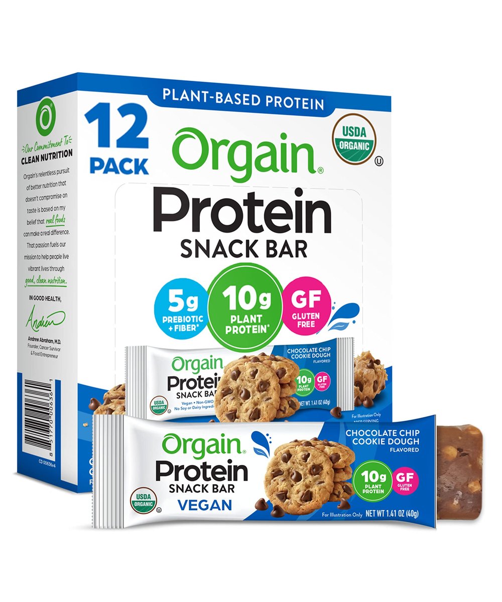 Orgain Bio Vegan Proteinriegel, Schokoladen-Chip-Cookie-Teig - 10g pflanzliches Protein, kalorienarme gesunde Snacks, laktose- und sojafrei, glutenfrei, nicht-GVO - 1,41 Unzen (12er-Pack)