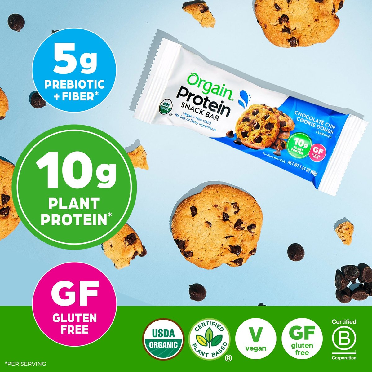 Orgain Bio Vegan Proteinriegel, Schokoladen-Chip-Cookie-Teig - 10g pflanzliches Protein, kalorienarme gesunde Snacks, laktose- und sojafrei, glutenfrei, nicht-GVO - 1,41 Unzen (12er-Pack)